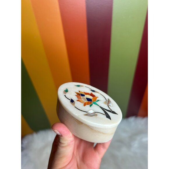 Stone marble with stone gemstone inlay floral design trinket dish jewellery box - Picture 4 of 7